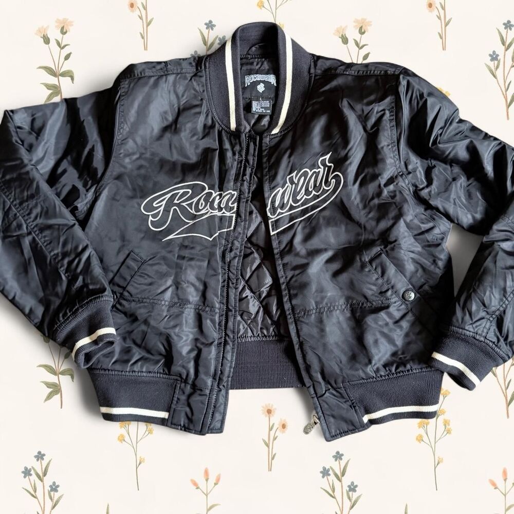 Vintage Y2K Rocawear Black Embroidered Spellout Bomber Jacket - Size Large